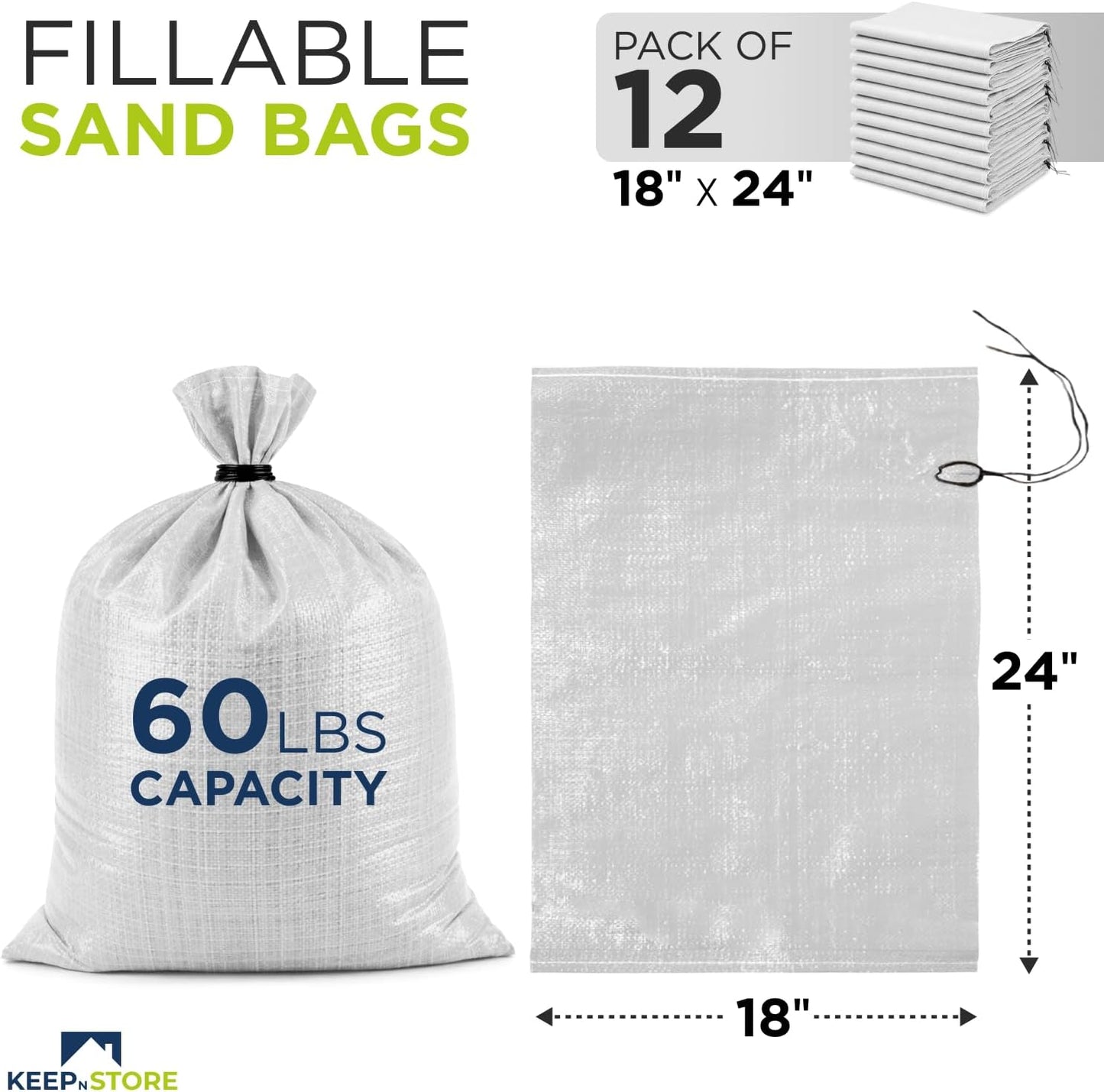 Heavy Duty Sand Bags Pack of 3, White Empty Sandbags with Built-In Ties, Woven Polypropylene UV Protection 1600 Hours, Fillable Sand Bags for Flood Control, Weight, 10x14 inches, 15 Pounds Volume