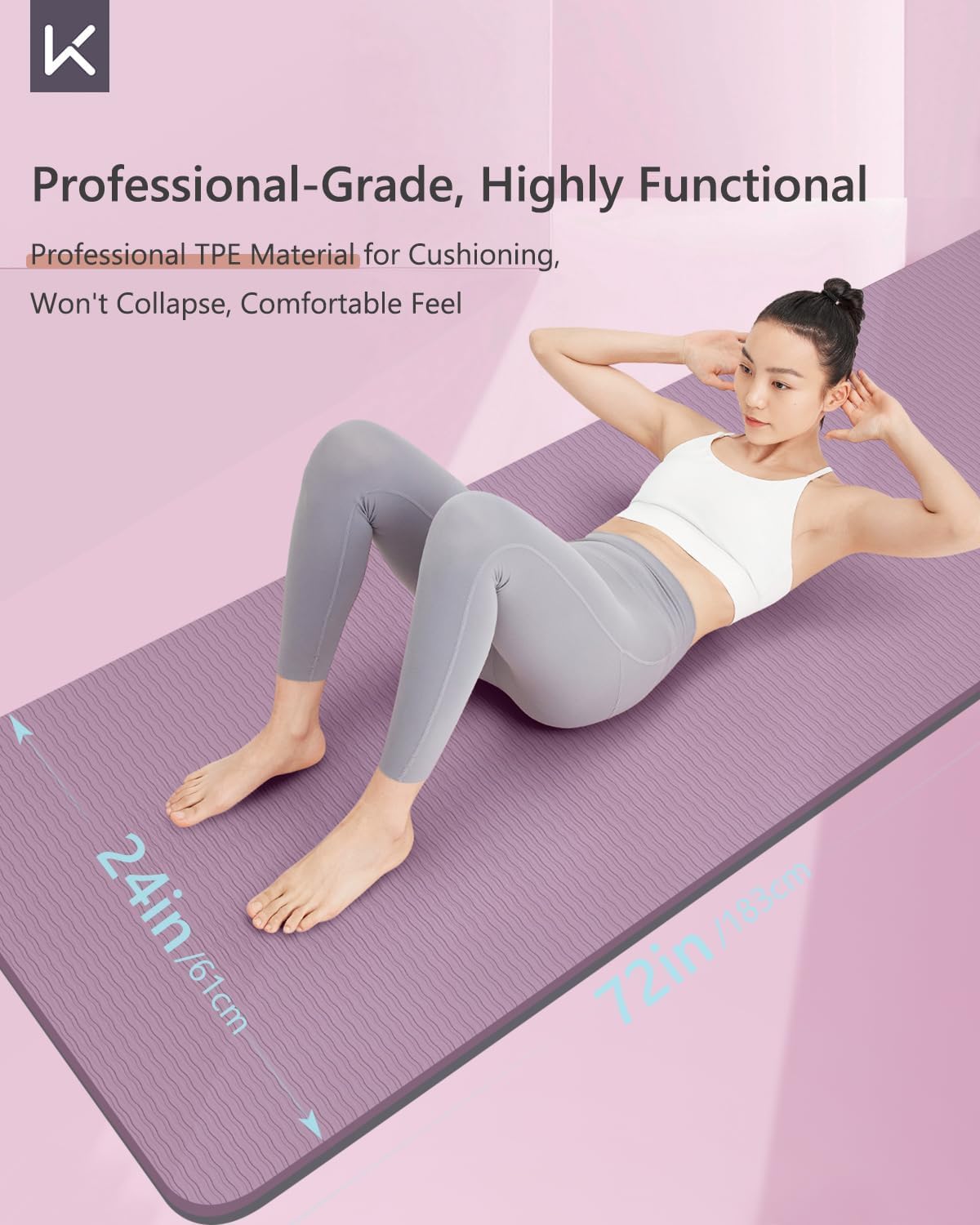KEEP Yoga Mat 7mm Thick Non Slip - Extra Cushion TPE Exercise Mat for Home Workout & Pilates, Eco Friendly Knee Protection, 72"x24" Large Fitness Mat with Carrying Strap