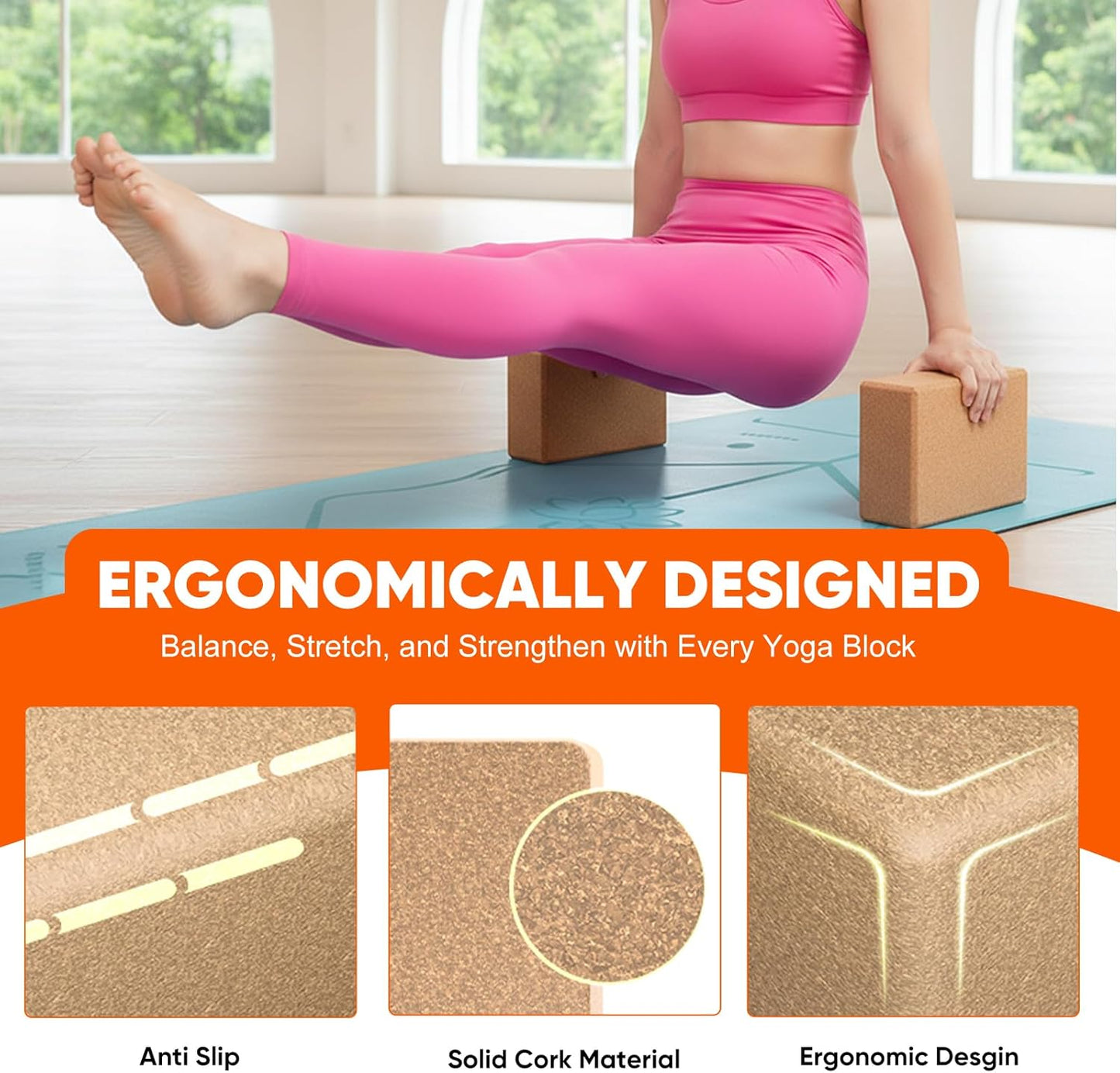 2-Pack Cork Yoga Blocks for Pilates & Meditation, Non-Slip Moisture-Proof Lightweight Bricks, Supportive Eco-Friendly Equipment for Stretching & Pose Enhancement