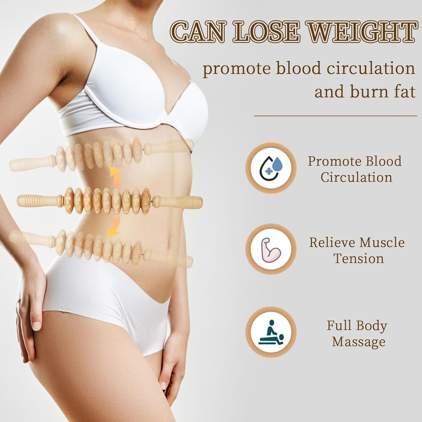 Liitrton Manual Wooden Fascia Massage Roller Trigger Points for Release Cellulite Sore Muscle Blasting (Straight-9-Wheel)