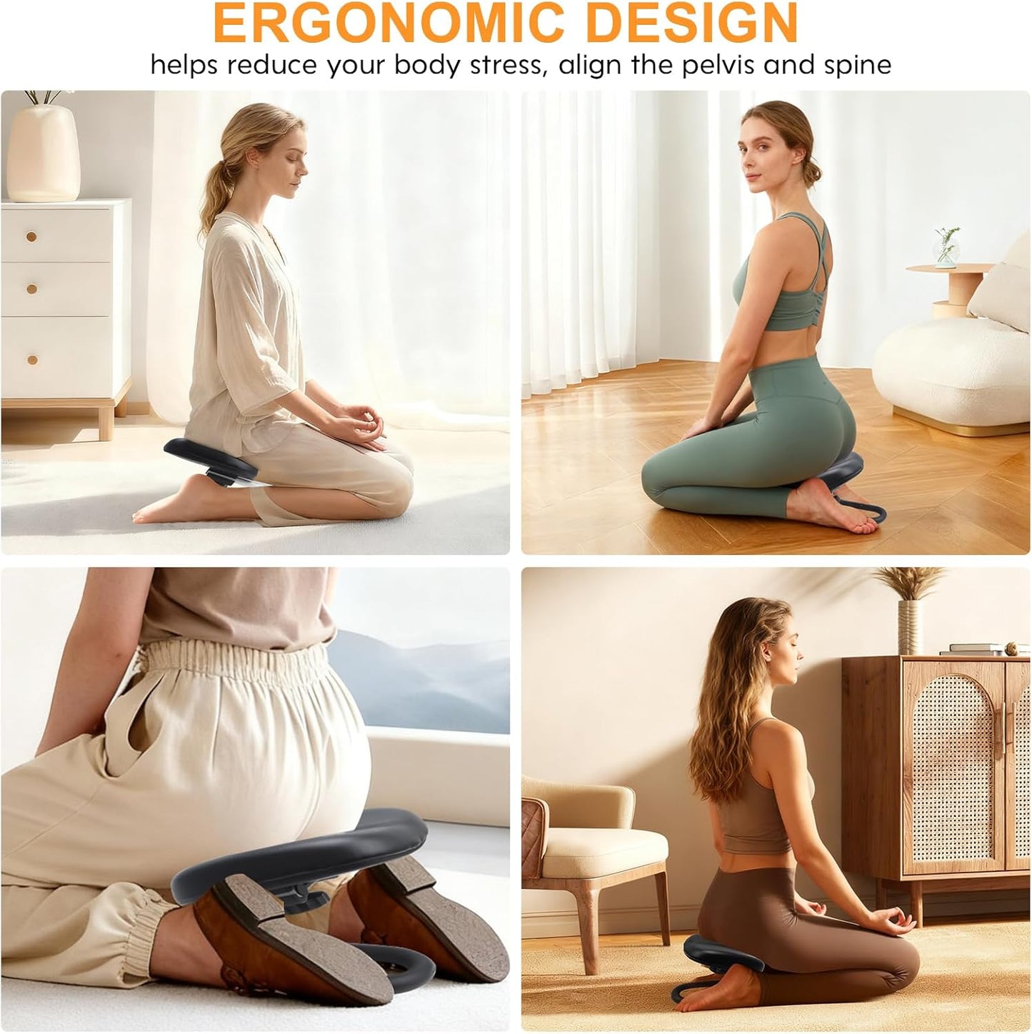 Engorgio Black Meditation Bench, Meditation Chair, Kneeling Meditation Stool, Seiza Chair, Prayer Bench with Cushion for Home Studio Portable Non-Slip Yoga Stool.
