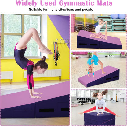 Incline Gymnastics Mat, 48x24 Inch Foldding Gymnastic Tumbling Mat with Handle, Cheese Wedge Skill Shape, Indoor/Outdoor Exercise Mat Home Gym Yoga Mat for Kids Tumbling, Skill Training