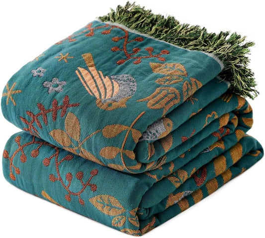 LUTBM Boho Throw Blanket for Couch 100% Cotton Soft Birds and Floral Double Embroidery Breathable Summer Throw Blankets,50"x60" All Season Reversible Throws for Sofa Chair Livingroom Home Decor - Colors A