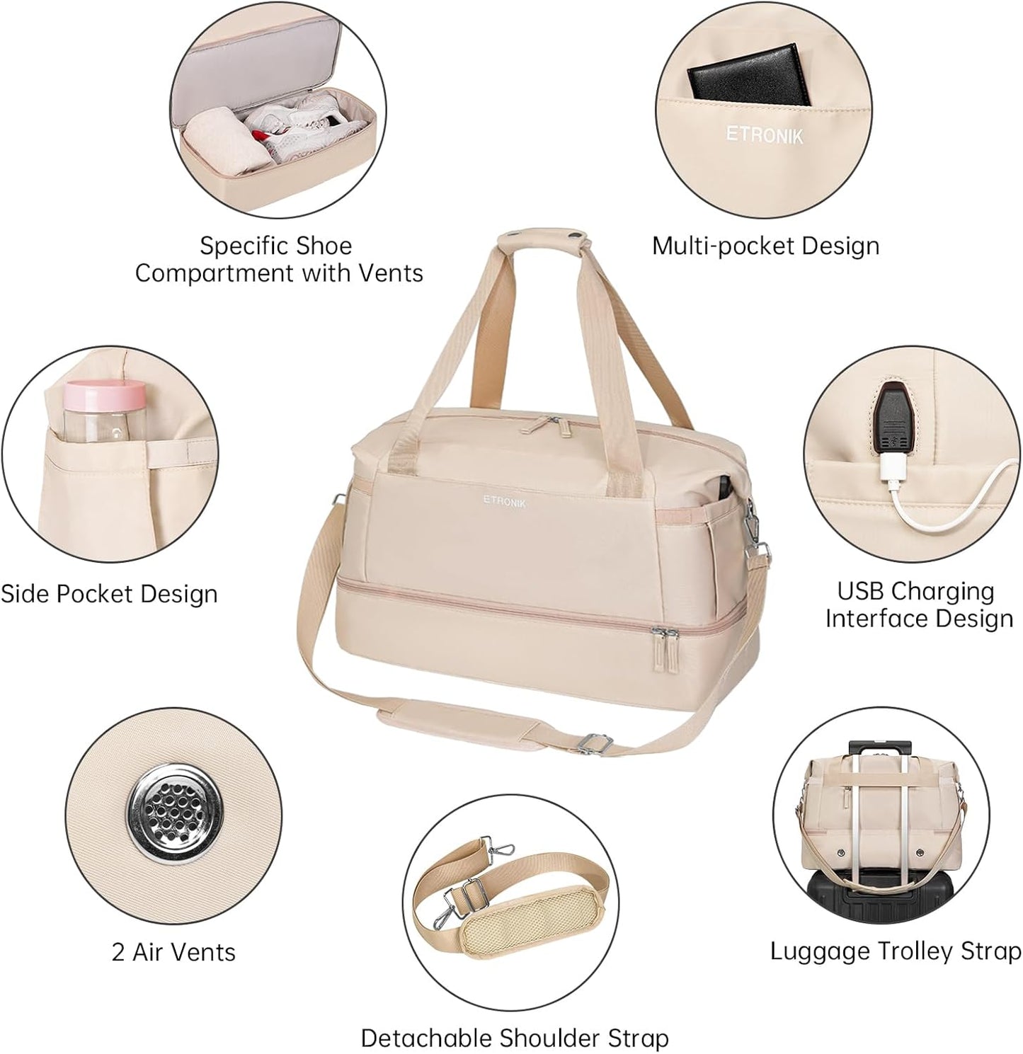 ETRONIK Gym Bag for Women, Personal Item Travel Bag with Shoes Compartment, Weekender Overnight Duffel Bag with Wet Pocket, Carry On Bag for Women, Travel, Gym, Weekend (Beige)