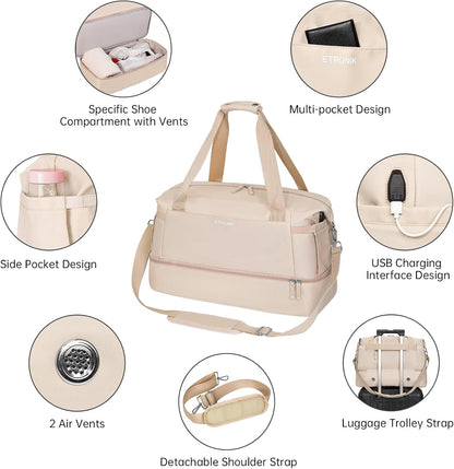 ETRONIK Gym Bag for Women, Personal Item Travel Bag with Shoes Compartment, Weekender Overnight Duffel Bag with Wet Pocket, Carry On Bag for Women, Travel, Gym, Weekend (Beige)