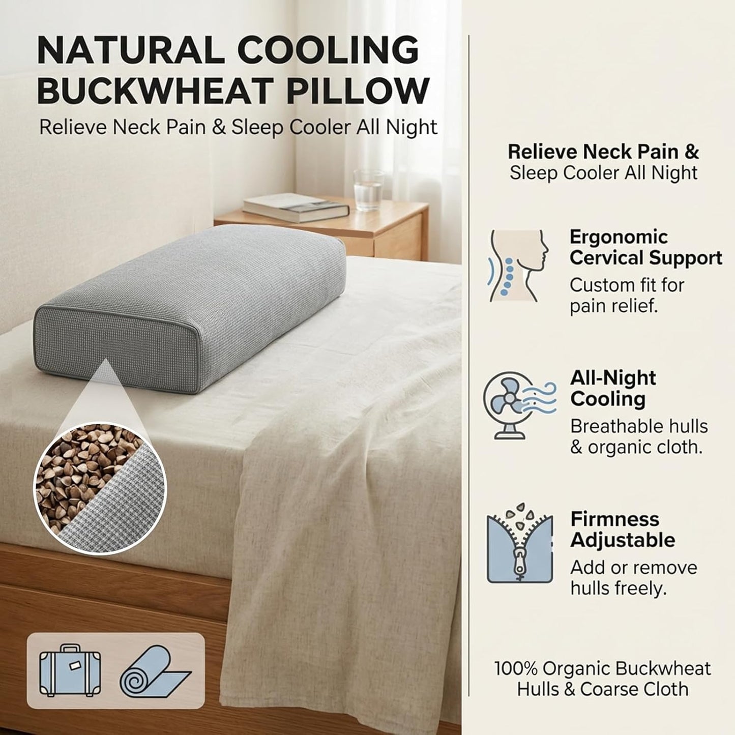 Adjustable Buckwheat Hull Pillow for Neck Pain Relief (21x8x4in) Natural Cooling Cervical Support Organic Pillow for Side & Back Sleepers with Night Sweats (Grey)