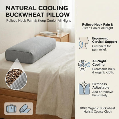 Adjustable Buckwheat Hull Pillow for Neck Pain Relief (21x8x4in) Natural Cooling Cervical Support Organic Pillow for Side & Back Sleepers with Night Sweats (Grey)