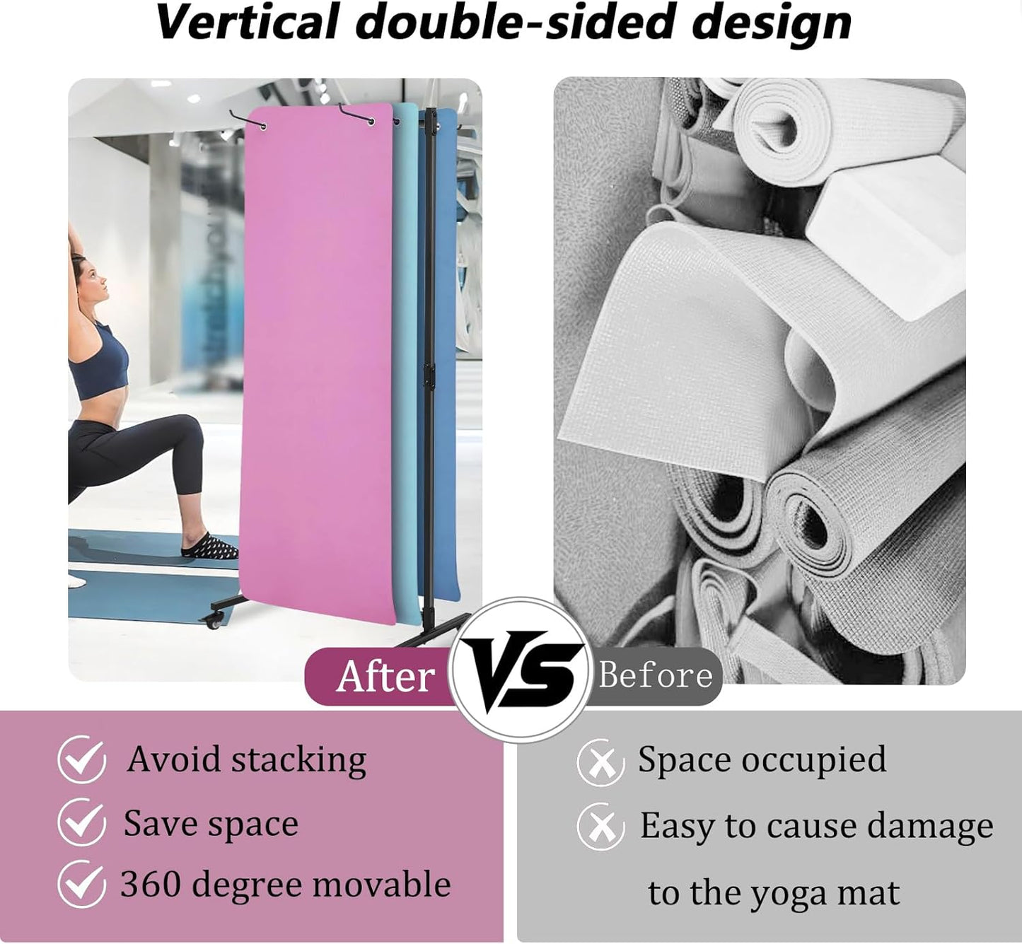 Hanging Yoga Mat Holder, Metal Double Sided Yoga Mats Storage Cart on Wheels, Floor Standing Pilates Mat Rack for Home Gym, Exercise, Yoga Studio, with Punching Tool