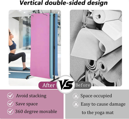 Hanging Yoga Mat Holder, Metal Double Sided Yoga Mats Storage Cart on Wheels, Floor Standing Pilates Mat Rack for Home Gym, Exercise, Yoga Studio, with Punching Tool