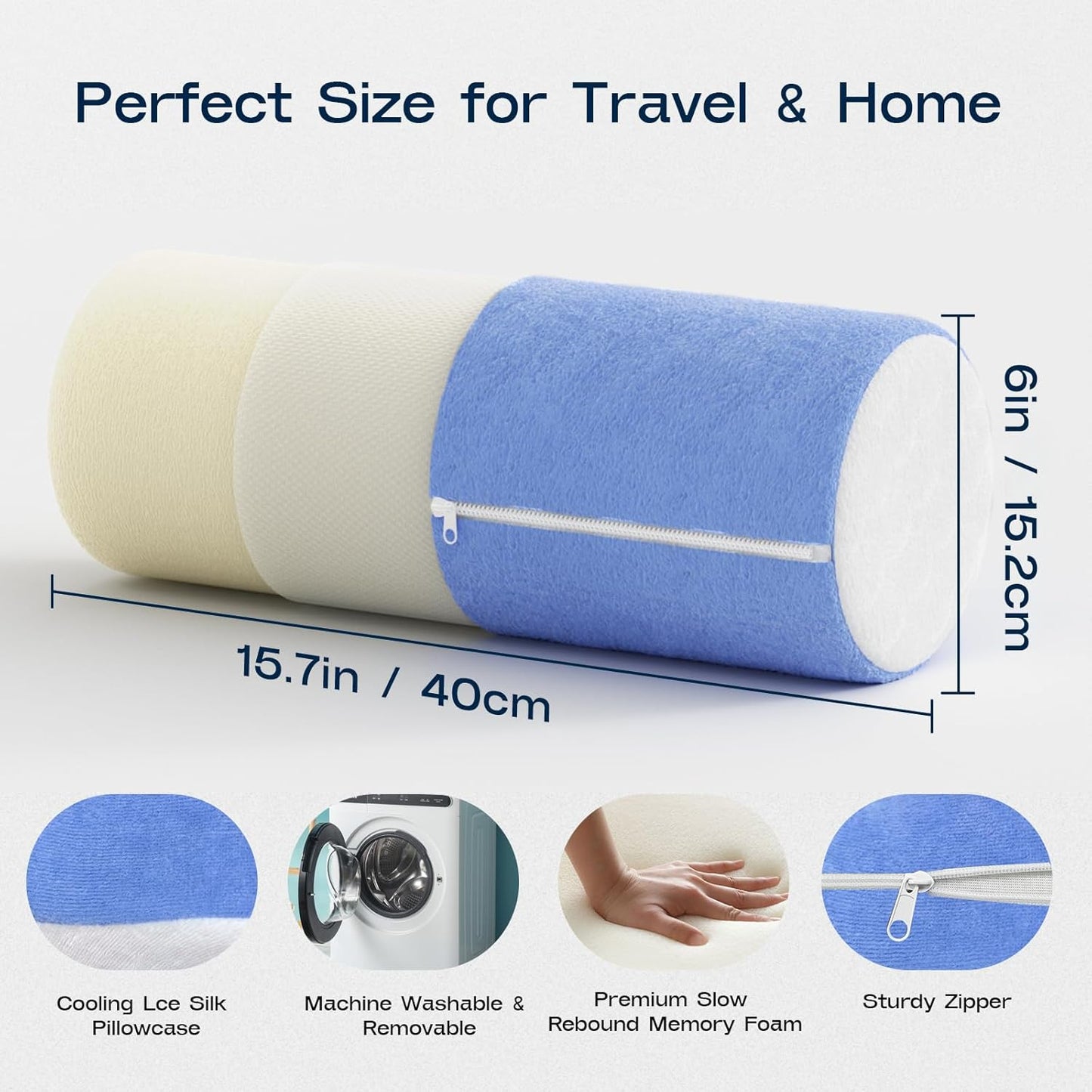 Neck Roll Pillow, Memory Foam Neck Support Pillows, Round Neck Pillows, Cylinder Bolster Pillows for Bed, Couch, and Yoga, Removable Washable Cover,18 * 4.1 * 4.1inch (Cool-Blue)