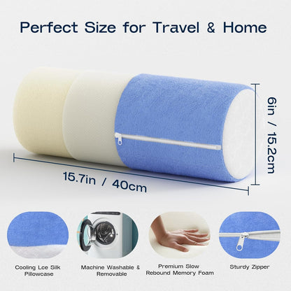 Neck Roll Pillow, Memory Foam Neck Support Pillows, Round Neck Pillows, Cylinder Bolster Pillows for Bed, Couch, and Yoga, Removable Washable Cover,18 * 4.1 * 4.1inch (Cool-Blue)