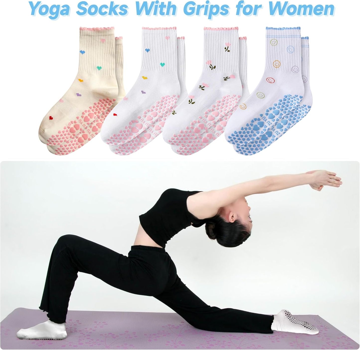 Grip Socks Pilates,4/6Pairs Cotton Cute Pilates Socks for Women, Ruffle Grippy Sock for Yoga Barre Hospital 5-10in
