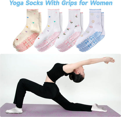 Grip Socks Pilates,4/6Pairs Cotton Cute Pilates Socks for Women, Ruffle Grippy Sock for Yoga Barre Hospital 5-10in