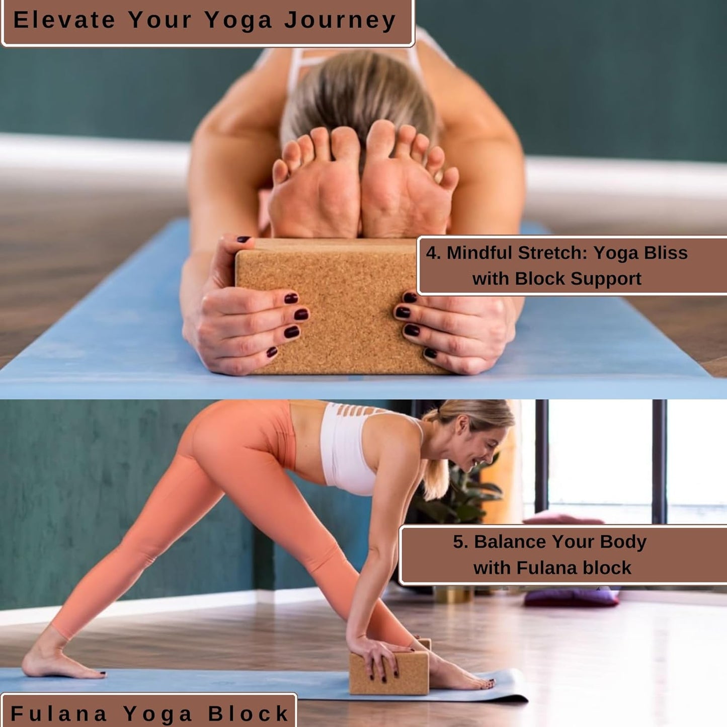 "FULANA Natural Cork Yoga Blocks (2-Pack) - High Density, Non-Slip Surface, Eco-Friendly (Women)(men) Yoga Accessories - 9x6x3 inches - Ideal Support for Yoga, Pilates, Stretching"