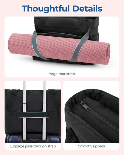 BAGSMART Tote Bag for Women with Zipper and Yoga Mat Straps Quilted Gym Tote for Travel, Work, Sport