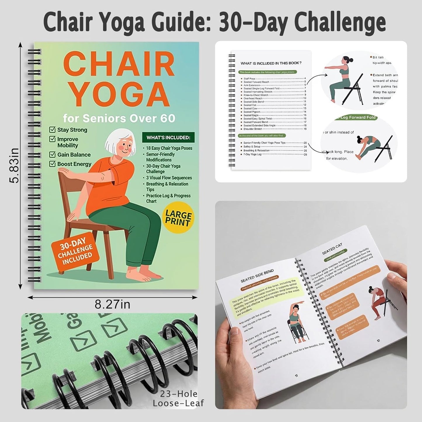 Chair Yoga for Seniors Over 60, 30-Day Challenge Gentle Seated Yoga Exercises Guidebook, Step-by-Step Fitness Planners Instructions Books for Seniors Beginners – 8.2″ x 5.5″ Pink Yoga Book