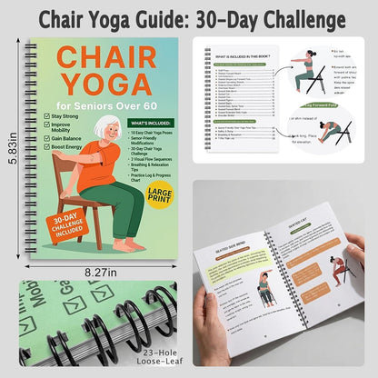 Chair Yoga for Seniors Over 60, 30-Day Challenge Gentle Seated Yoga Exercises Guidebook, Step-by-Step Fitness Planners Instructions Books for Seniors Beginners – 8.2″ x 5.5″ Pink Yoga Book