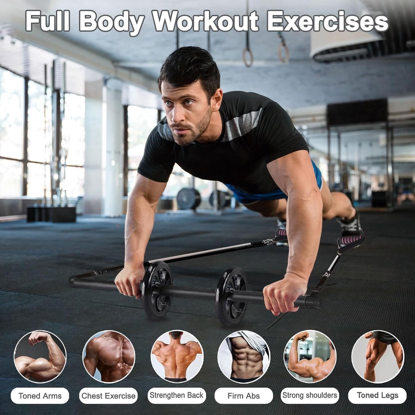 BBTOPS Pilates Bar Kit with Resistance Bands,Ab Roller,2 in 1 Foot Strap & Handle,Door Anchor Pilates Equipment with Resistance Bands, Portable Home Gym Yoga Fitness Bar for Women & Men
