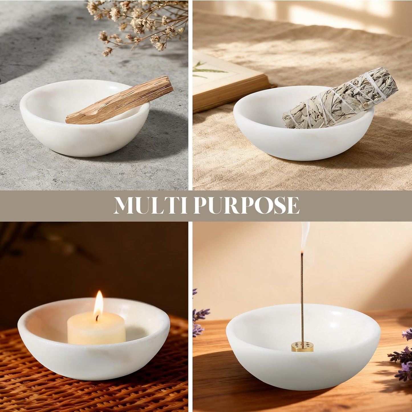 Koville Natural Marble Incense Holder, Incense Holder for Sticks with 9 Holes, Handmade Incense Burner Ash Catcher for Meditation Yoga SPA, Balsam Fir/Palo Santo/Sage/Cone (RoyalBeige)
