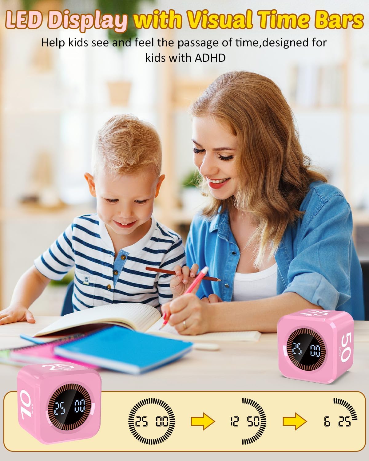 Digital Pomodoro Timer Cube 5/10/25/50min, Visual Productivity Flip Timer for Kids Classroom Desk, Custom Countdown, Silent and Sound Mode for ADHD Study Work Game Kitchen (Black)