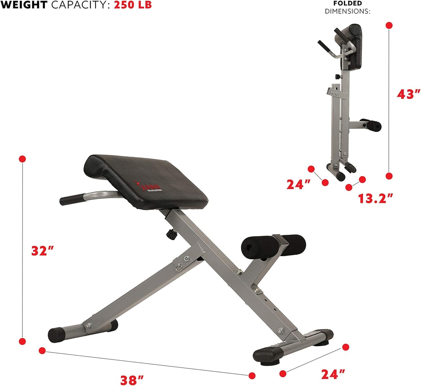Sunny Health & Fitness Foldable Hyperextension Roman Chair w/Back Extension, Home Gym Sit Up Bench for Glute & Ab Workouts, Optional Adjustment Incline & Multi-Function Heavy-Duty Exercise Equipment