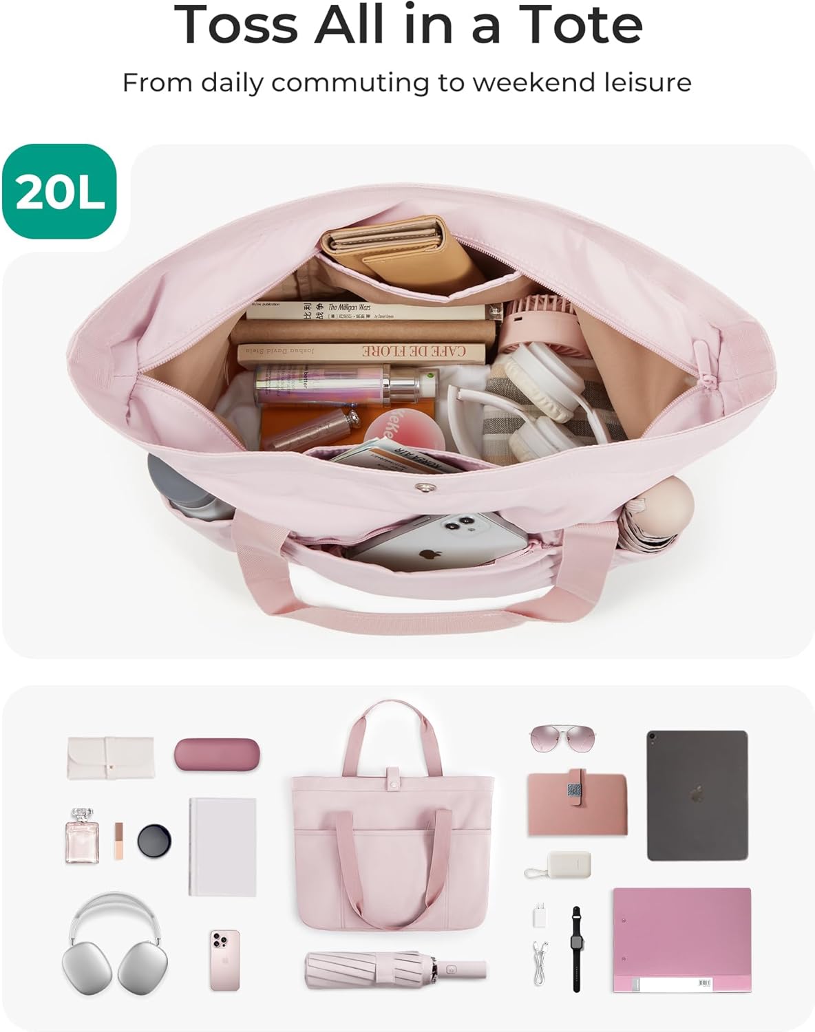 BAGSMART Tote Bag for Women, Foldable Tote Bag With Zipper Travel Shoulder Bag Handbag for Work
