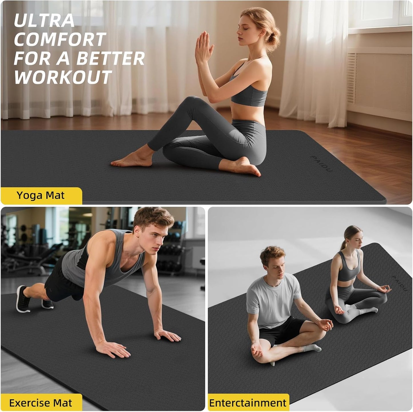 PAIDU Extra Long Wide Yoga Mat 76"x33"x2/5 Inch - Non Slip Thick Exercise Mat for Home Gym, Yoga, Pilates & Workouts