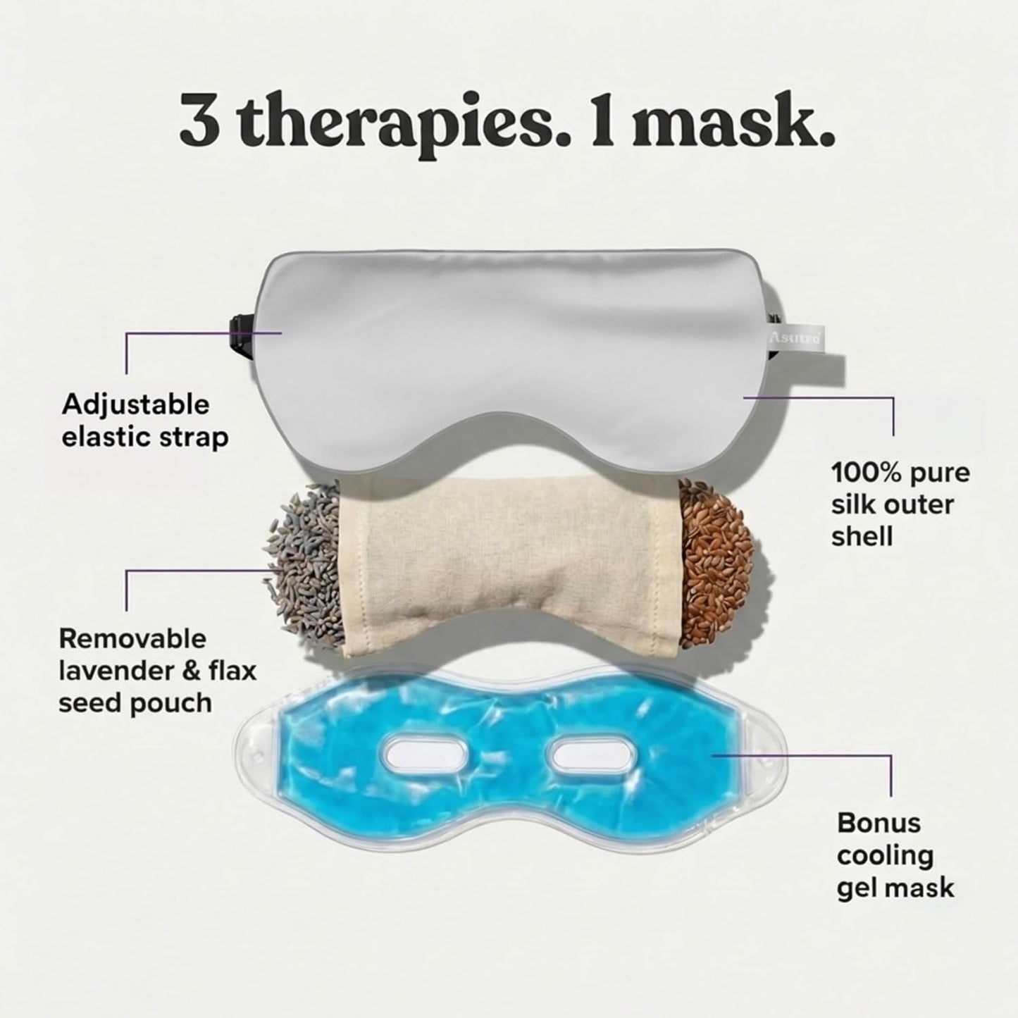 ASUTRA Silk Eye Pillow for Sleep, Purple - Filled w/Lavender Buds & Flax Seeds, Weighted Eye Mask, Meditation & Light Blocking Blindfold, Cooling Gel Mask Included