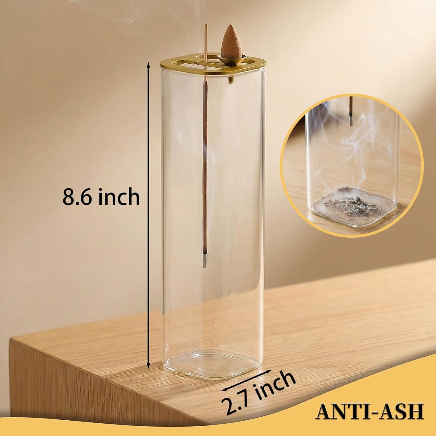 Ceremony Incense Holder, Wooden Incense Holder for Sticks with Glass Ash Catcher, Anti-ash Incense Burner with 20 Incense Sticks and a Ash Brush for Meditation Yoga Spa Room Decor