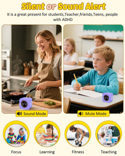 Digital Pomodoro Timer Cube 5/10/25/50min, Visual Productivity Flip Timer for Kids Classroom Desk, Custom Countdown, Silent and Sound Mode for ADHD Study Work Game Kitchen (Black)