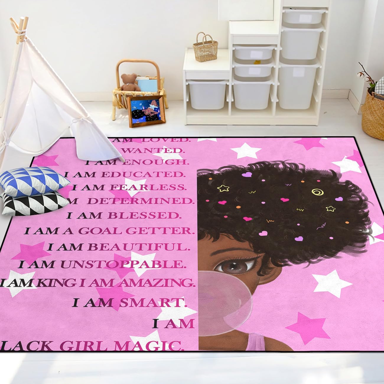 Black Girl Area Rug for Bedroom African Black Girls Floor Rugs for Living Room Playroom Cartoon Art Home Decor Soft Yoga Mats for Women Afro Purple 47" x 31" (2.7 x 3 Feet)