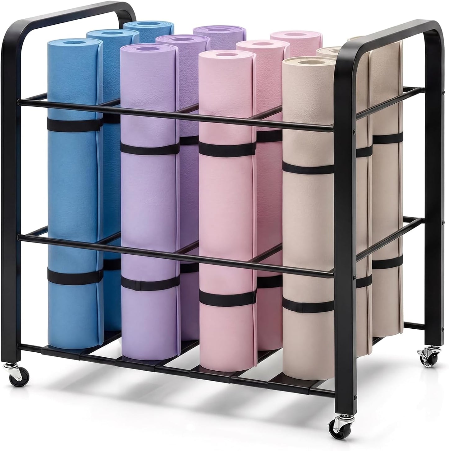 32'' x 21'' x 31'' Yoga Mat Storage Cart with Wheels, Floor Metal Gym Foam Rollers Storage Organizer, Yoga Mat Holder Basket for Commercial and Home Gym Accessories