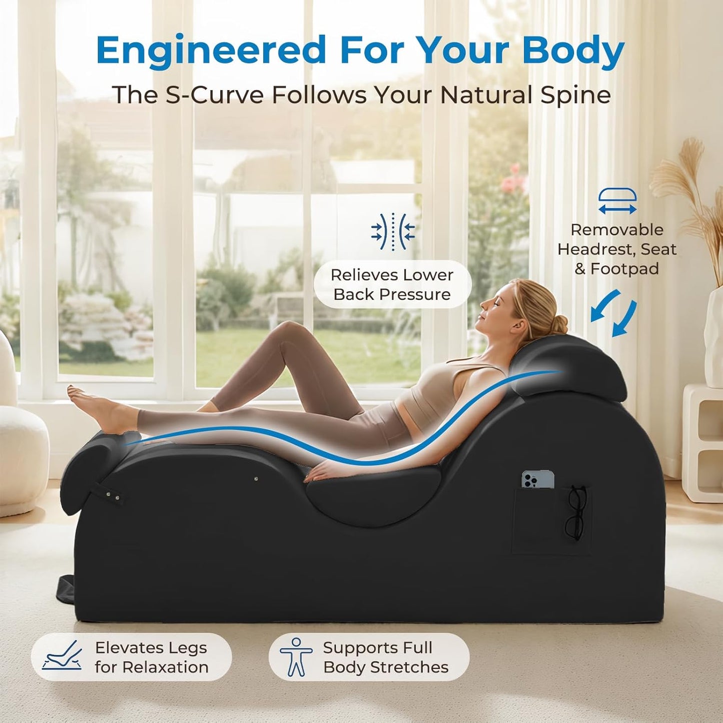 Mjkone Velvet Yoga Chair, Yoga Chaise Lounge Chair Indoor with Side Pockets, Headrest, Waist Cushion, Movable Footrest, Curved Sofa Chair for Relaxation Stretching for Bedroom, Black