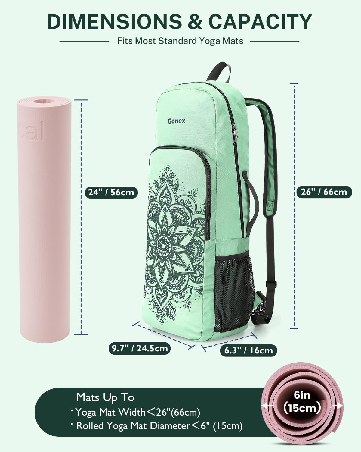 Gonex Yoga Mat Bag, 2 Carry Ways Yoga Backpack with Wet Compartment Metal Zippers for Women Men, Large Capacity Yoga Mat Carrier for Yoga, Gym, Travel