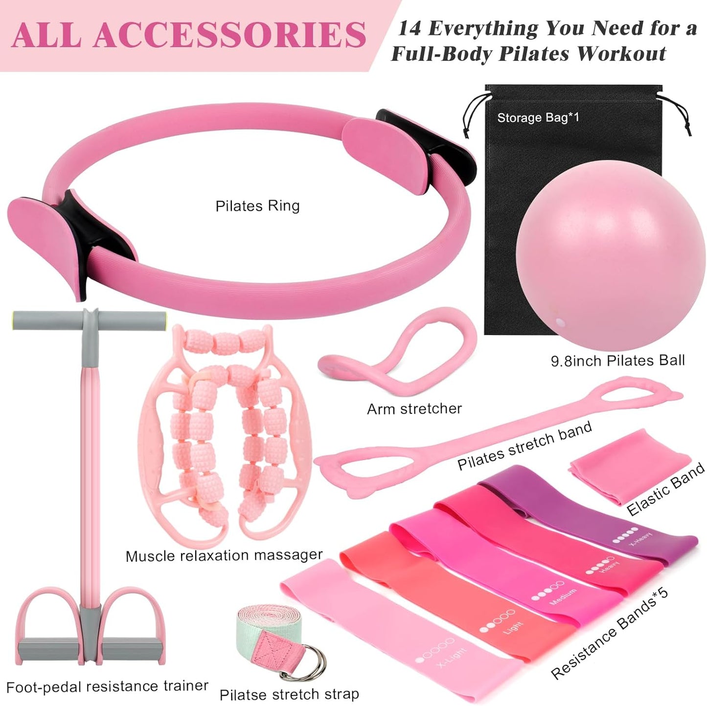Home Pilates Essentials Kit for Women, Complete 13-in-1 Pilates Equipment Ring and Ball Set with 5 TPE Resistance Bands, Ankle Weights, 8-Shaped Pull Band, Stretch Strap and Waterproof Bag