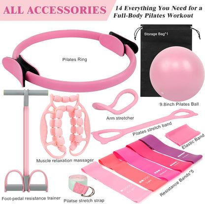 Home Pilates Essentials Kit for Women, Complete 13-in-1 Pilates Equipment Ring and Ball Set with 5 TPE Resistance Bands, Ankle Weights, 8-Shaped Pull Band, Stretch Strap and Waterproof Bag