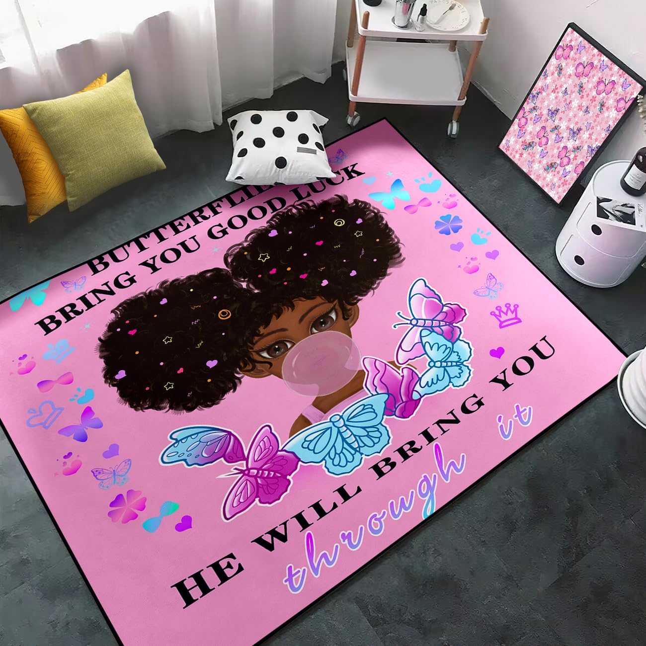 Black Girl Area Rug for Bedroom African Black Girls Floor Rugs for Living Room Playroom Cartoon Art Home Decor Soft Yoga Mats for Women Afro Purple 47" x 31" (2.7 x 3 Feet)