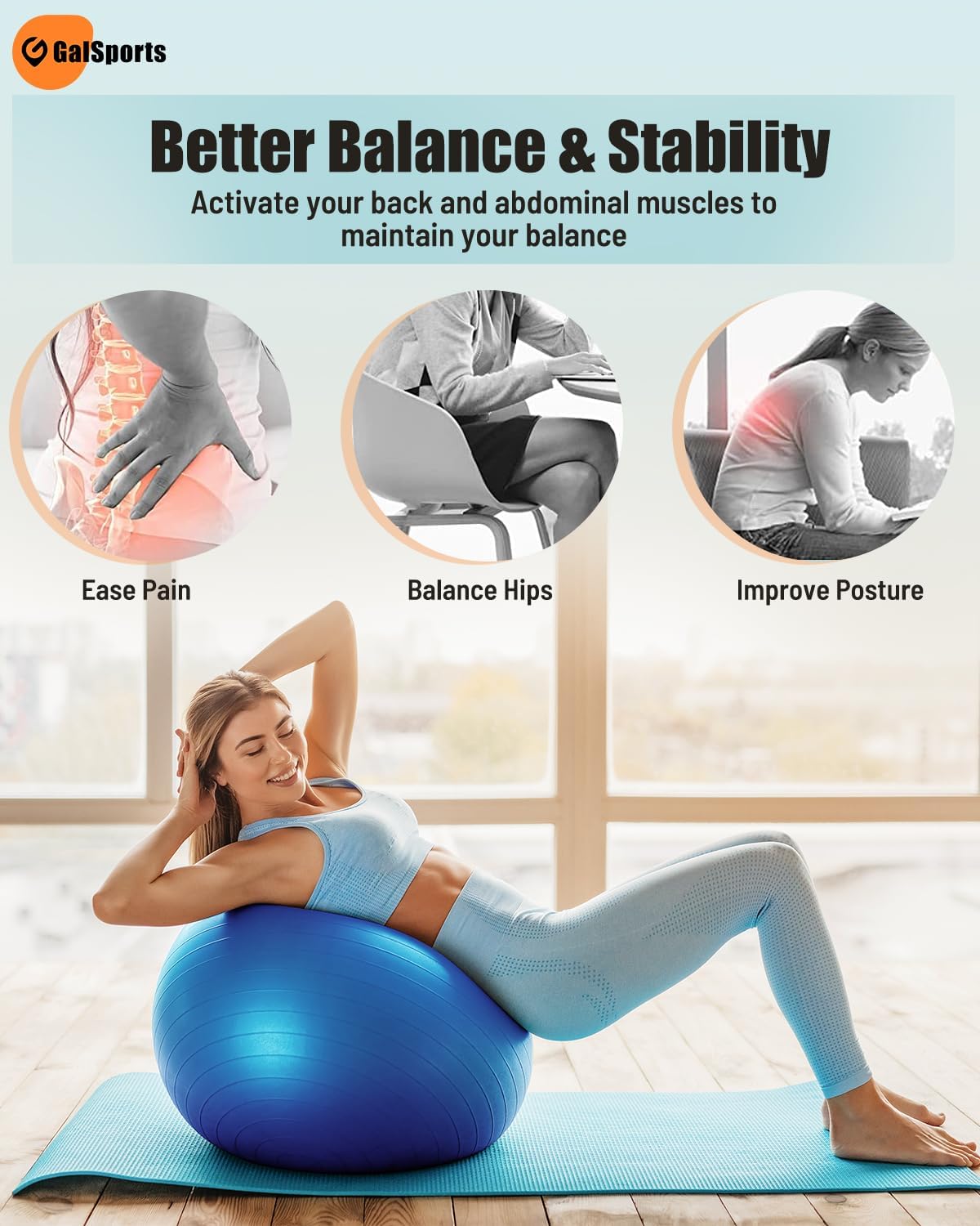 GalSports Stability Ball for Core Training & Physical Therapy – Anti-Burst, Slip-Resistant Yoga Ball for Home Gym, Pilates, Balance & Posture Improvemen