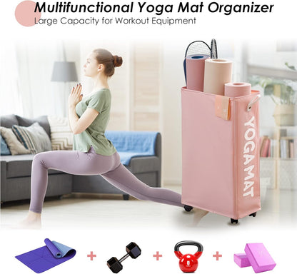 Caroeas Yoga Mat Storage Rack, Yoga Mat Holder Accessories, Home Gym Equipment Storage Yoga Mats, Women Men Workout Equipment Organization with Wheels
