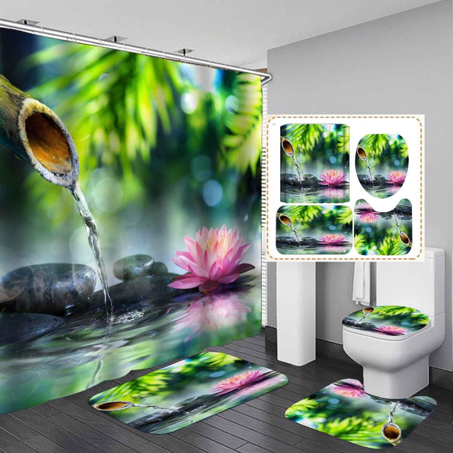 4PCS Spa Zen Shower Curtain Sets with Rugs, White Shower Curtain, Pink Floral Orchid Lotus Water Lily Stone Bamboo Water Reflection Yoga Massage Relaxing Spiritual Meditation Bathroom Decor