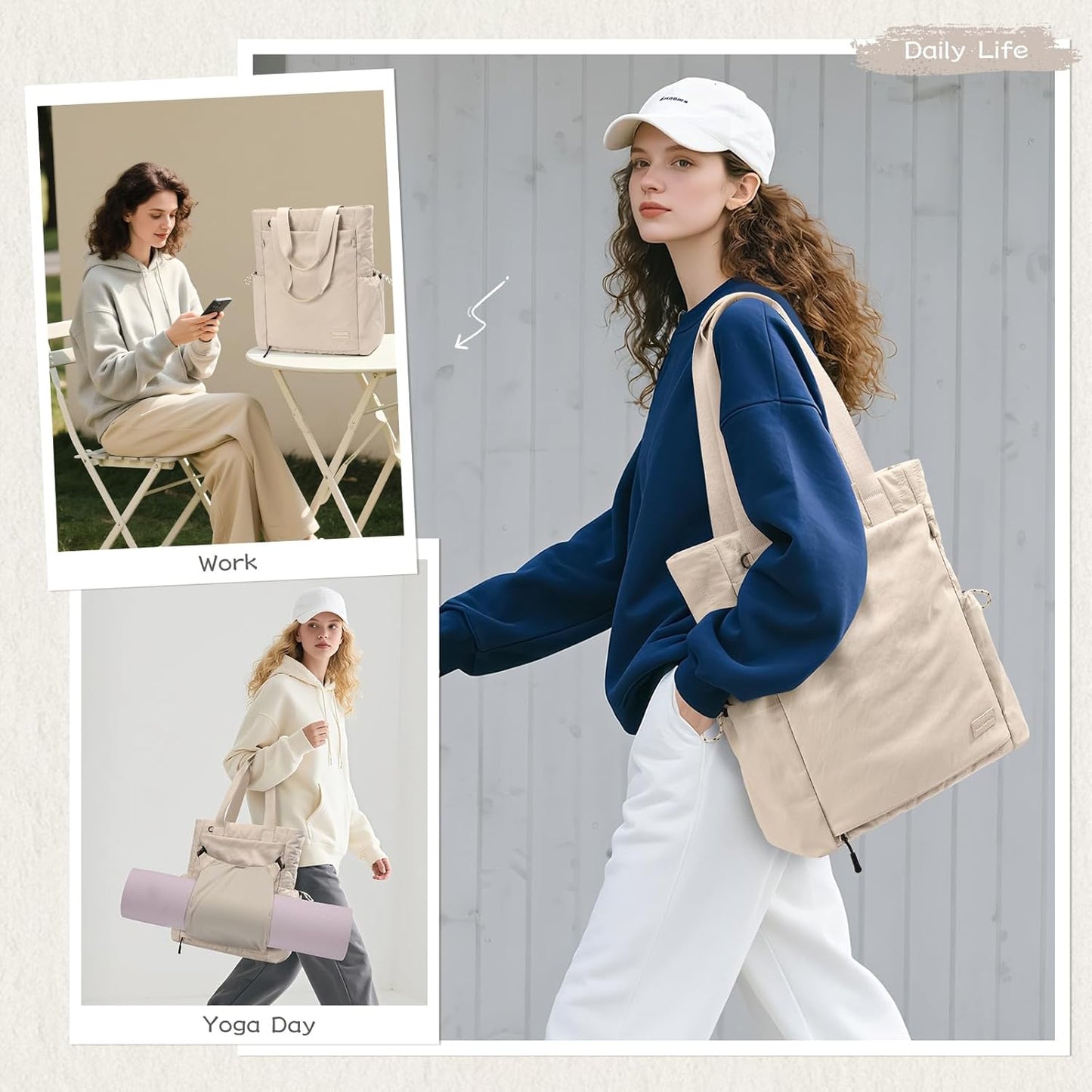 GOLF SUPAGS 3-in-1 Laptop Tote Backpack for Women 15.6" Quilted Work Gym Bag with Hidden Yoga Mat Carrier for Travel Leisure (Gravel Brown & Beige)