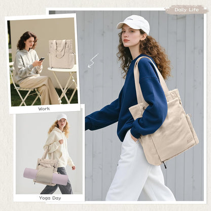 GOLF SUPAGS 3-in-1 Laptop Tote Backpack for Women 15.6" Quilted Work Gym Bag with Hidden Yoga Mat Carrier for Travel Leisure (Gravel Brown & Beige)