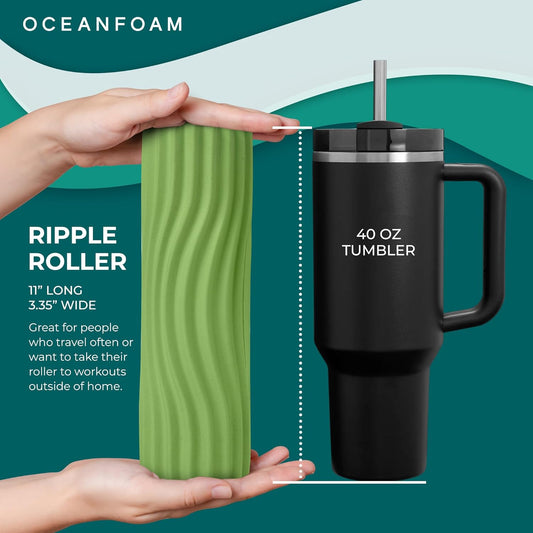Oceanfoam Ripple Travel Foam Roller (11" x 3.35") Firm Mini Foam Roller for Physical Therapy, Deep Tissue Massage, Back Pain - High Density, Ergonomic Wave Textured - Yoga, Pilates, Exercise (Natural) - Colors A
