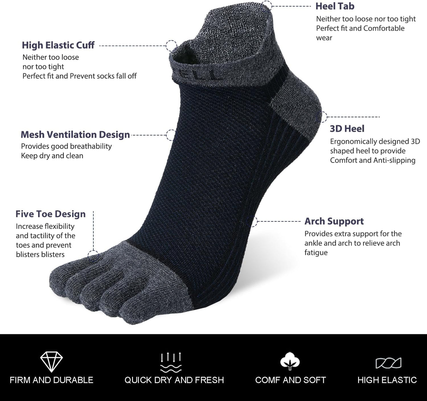 VWELL Cotton Toe Socks Five Finger Socks No Show Crew Athletic Running Socks 4 Pairs,Size 7-11