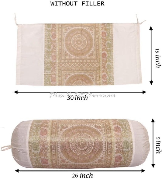 Indian Jacquard Brocade Silk Bolster Yoga Rectangular Pillowcase Cover Mandala White Tubular Home Decor Living Room Cylindrical Hotdog Traditional Throw Cushion Cover 76x38 cm - 1 Pc