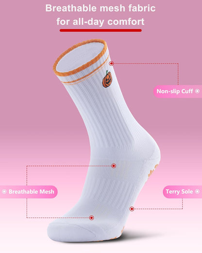 Pilates Grip Socks for Women - Embroidery Athletic Crew, Non-Skid Sticky Soles for Yoga, Barre, Workout & Hospital