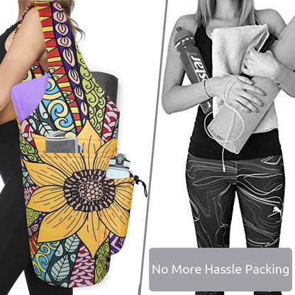 Yoga Mat Bag - Large Opening Long Tote Yoga Mat Carrier Holder Bag with Waterproof Wet Zipper Pocket and Drawstring Water Bottle Pocket - Yoga Bag Fit Most Size Mats