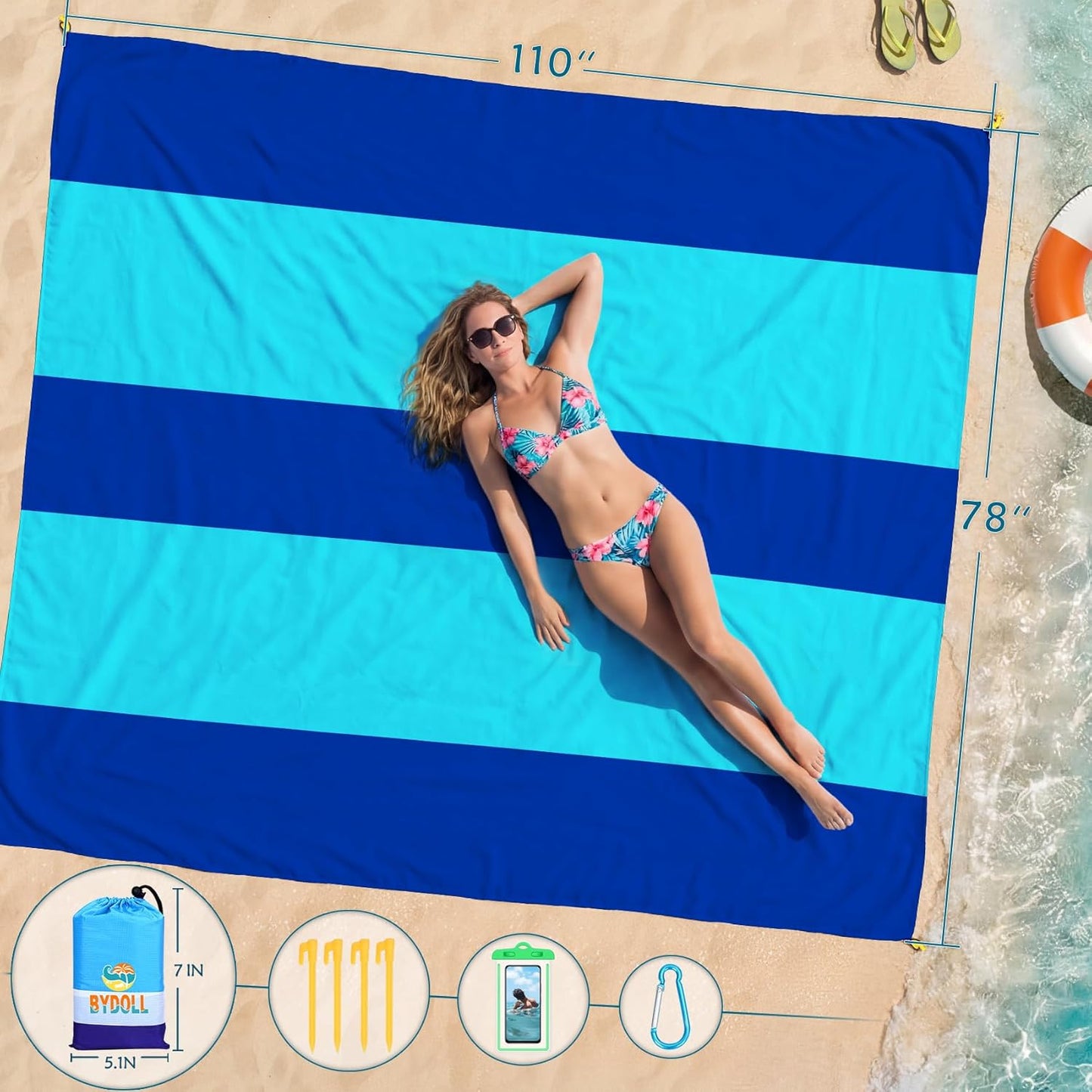 BYDOLL Beach Blanket Waterproof Sandproof Large Sand Free,78''X81''/10'X9' Oversized Sandless Lightweight Blanket Picnic Mat for Beach Travel Camping Hiking with Stakes