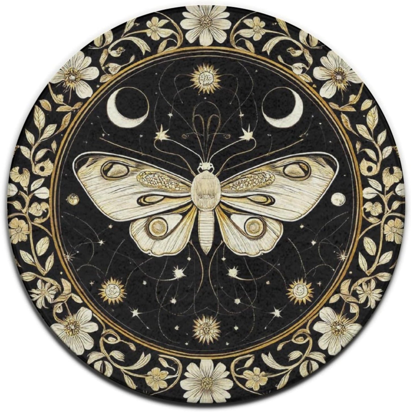Large Home Decor Mat, Soft Round Yoga Carpet, Non Slip Machine Washable Home Office Circle Rug Gothic Witchy Sun Moon Mushroom Moth