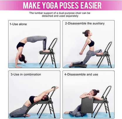 INNOLIFE Yoga Auxiliary Chair with Lumbar Back Support Foldable Balance Training with Purple Yoga Resistance Band